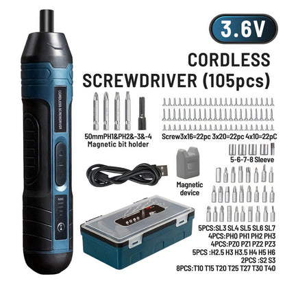 Cordless Electric Screwdriver Set LED Light 4 Gear Torque 105 Accessories